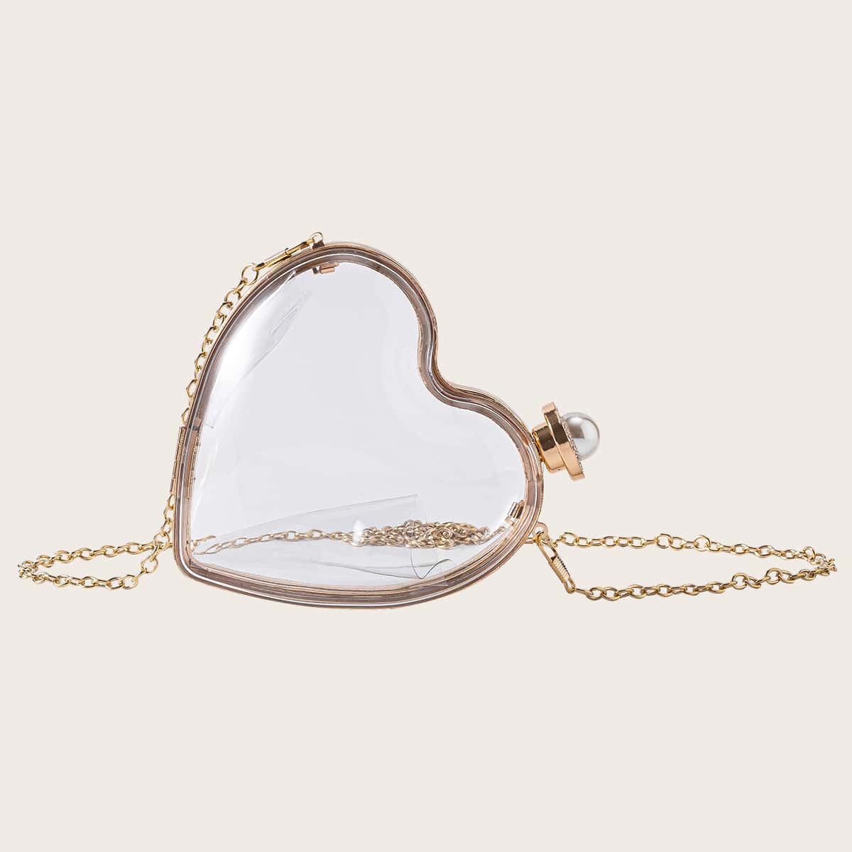 

Clear Faux Pearl Decor Heart Shaped Clutch Bag