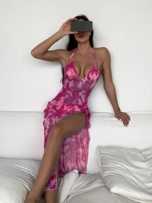 SHEIN Swim 紮染比基尼套裝三角形文胸和丁字褲下裝和罩衫洋裝3入組泳衣 - 紅白色 - 查看 1