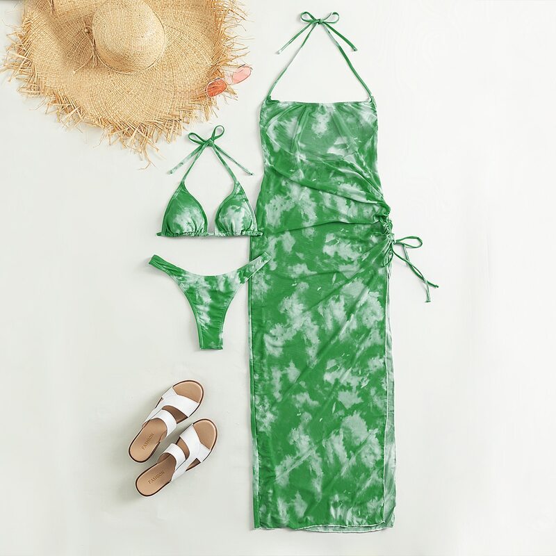 

3pack Tie Dye Triangle Bikini Swimsuit & Cover Up, Green