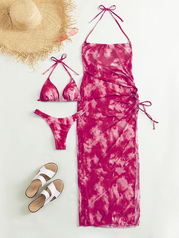 SHEIN Swim صبغ متعادل طقم بيكيني مثلث حمالة صدر & سروال داخلي ثونغ لباس قيعان وغطاء فستان 3قطعات بدلة سباحة