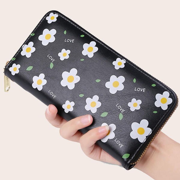 

Floral Graphic Long Wallet, Black