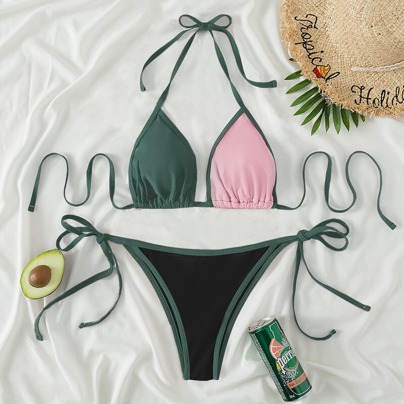 

Color Block Triangle Tie Side Bikini Swimsuit, Multicolor