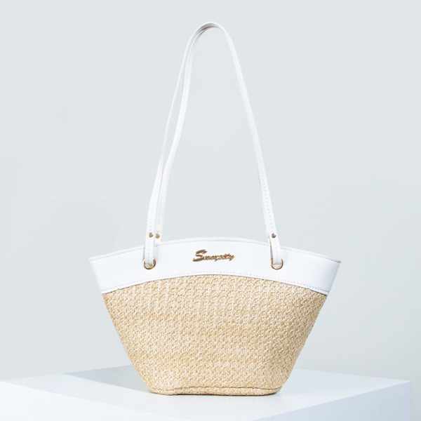 

Metal Decor Straw Shoulder Bag, White
