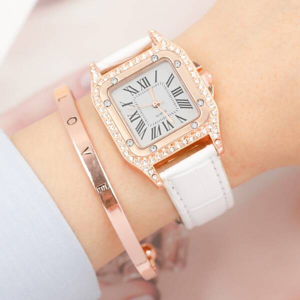 

1pc Rhinestone Decor Roman Numerals Quartz Watch & 1pc Bracelet