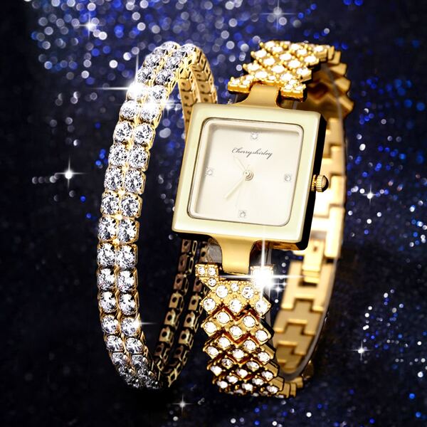 

1pc Rhinestone Decor Square Pointer Quartz Watch & 1pc Bracelet