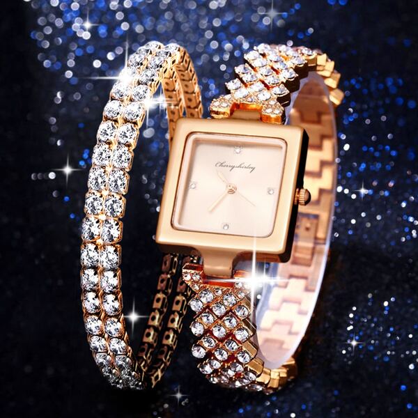 

1pc Rhinestone Decor Square Pointer Quartz Watch & 1pc Bracelet