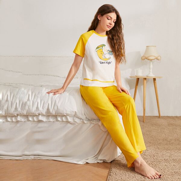 

Raglan Sleeve Sheep & Slogan Graphic Tee And Pants PJ Set, Multicolor