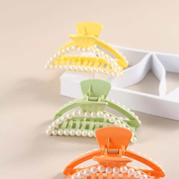 

3pcs Faux Pearl Decor Hair Claw, Multicolor