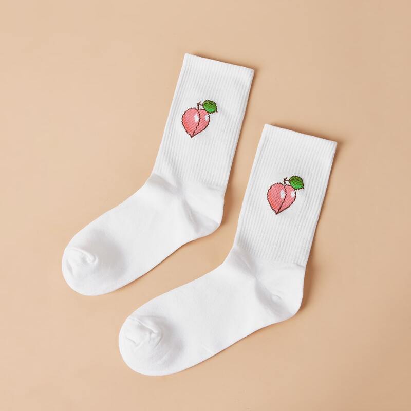 

Peach Print Crew Socks, White