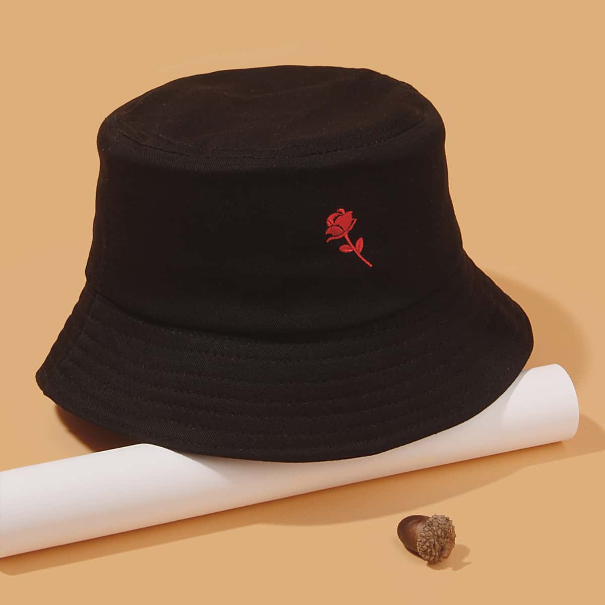 

Guys Flower Embroidery Bucket Hat, Black