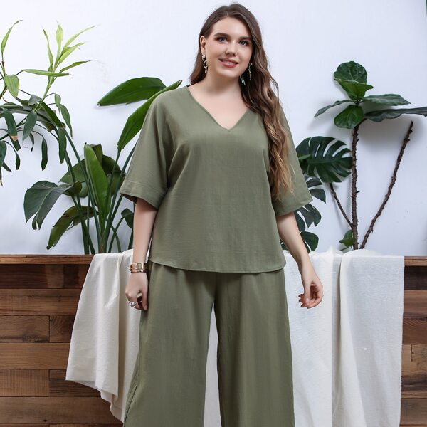 

Plus Batwing Sleeve Top & Wide Leg Pants, Army green