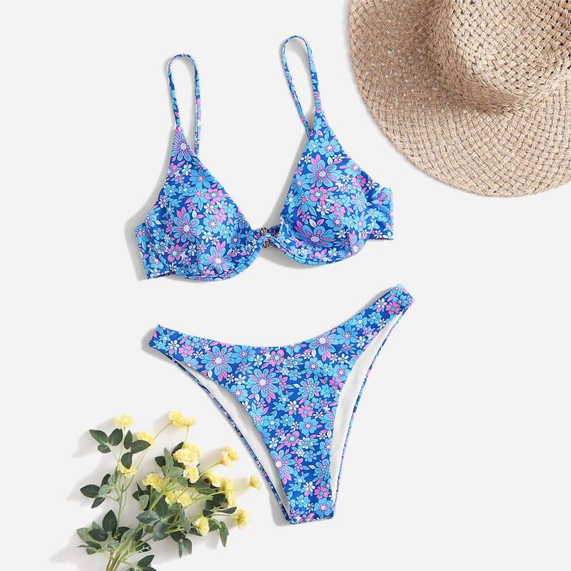 

Floral Pattern Bikini Swimsuit, Blue