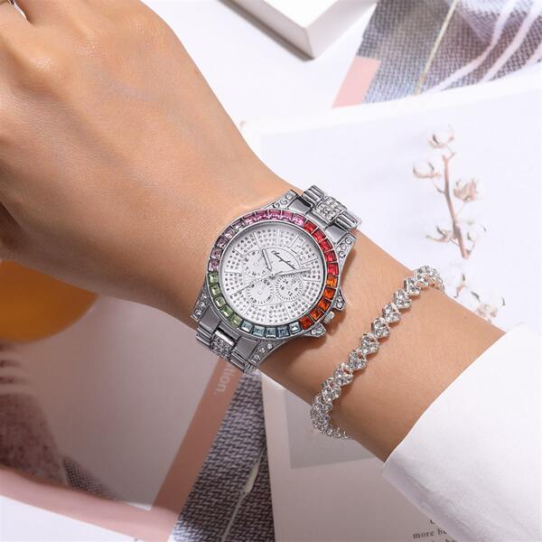 

1pc Rhinestone Decor Triple Dial Quartz Watch & 1pc Bracelet