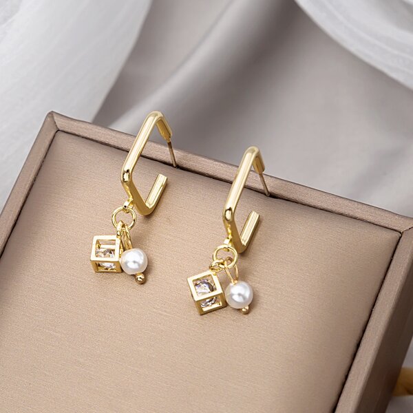 

Faux Pearl Drop Earrings, Gold