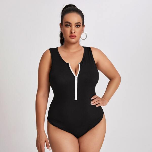 

Plus Half Zip Tank Bodysuit, Black