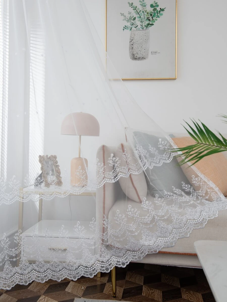 Rèm cửa đơn ren hoa - trắng - Xem 1