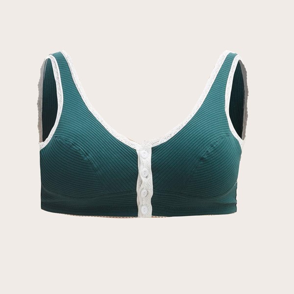 

Plus Button Front Lace Trim Bralette, Dark green