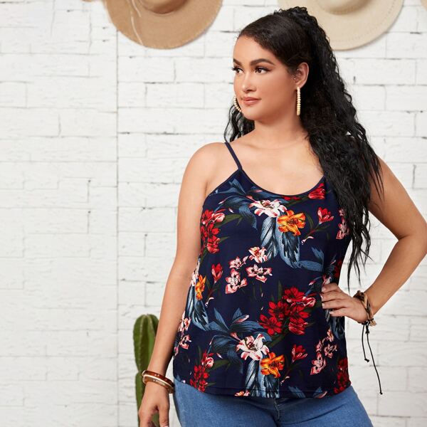 

Plus Floral Print Cami Top, Navy blue