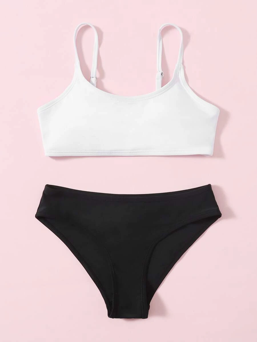 Tween Girl Color Block Bikini Set Summer Beach - Black and White - View 1