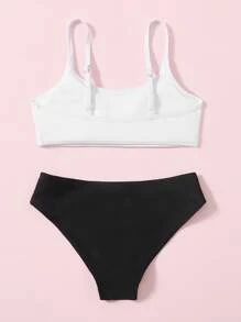 Tween Girl Color Block Bikini Set Summer Beach - Black and White - View 2
