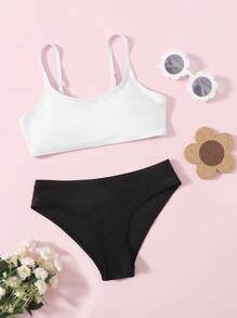 Tween Girl Color Block Bikini Set Summer Beach - Black and White - View 3