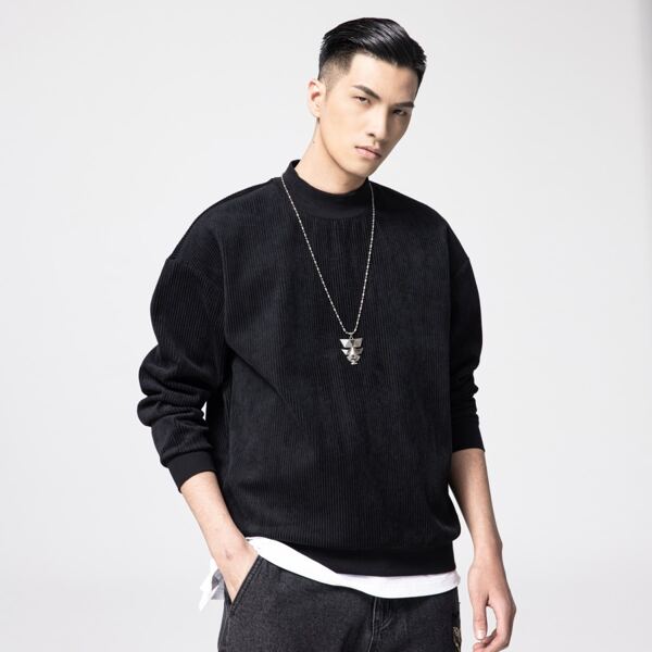 

Men Mock Neck Drop Shoulder Rib-knit Pullover, Black