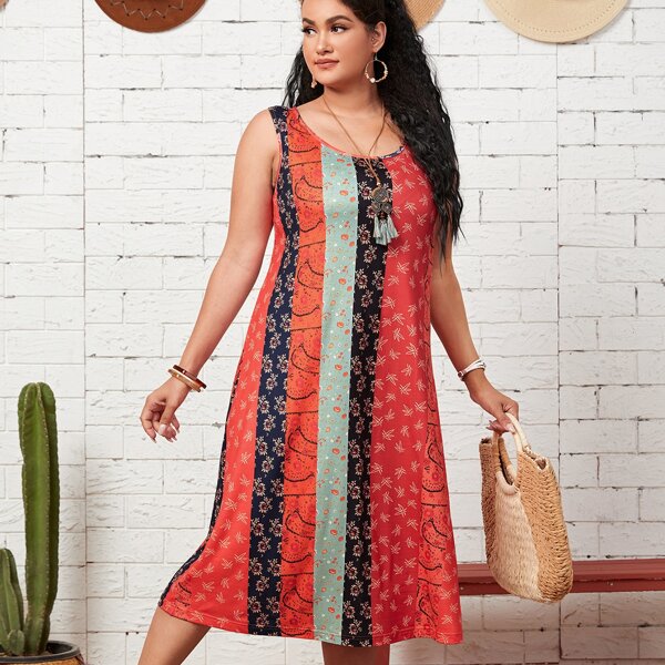 

Plus Color Block Scoop Neck Dress, Multicolor