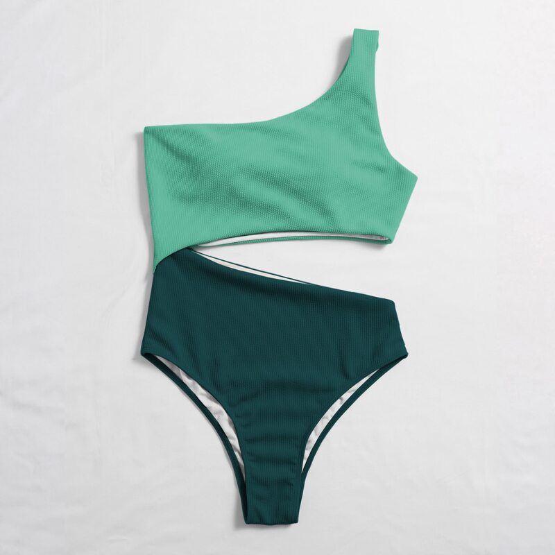 

Two Tone Rib Cut-out One Shoulder One Piece Swimsuit, Multicolor