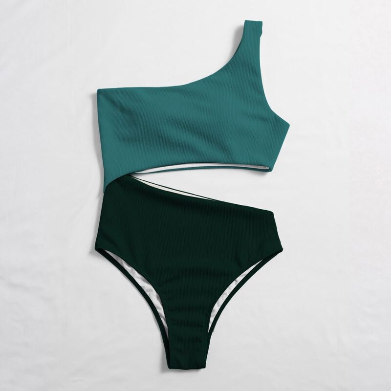 

Two Tone Rib Cut-out One Shoulder One Piece Swimsuit, Multicolor