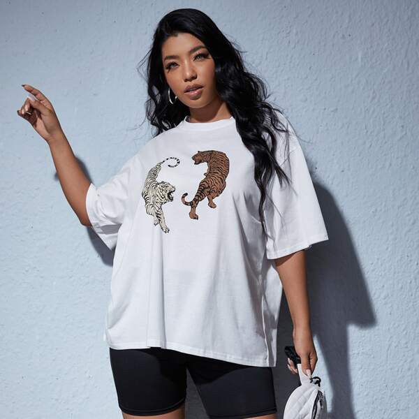 

Plus Tiger Print Oversized Tee, White