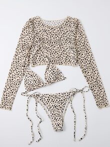 SHEIN Swim 夏季沙灘3入組斑點小狗三角比基尼和遮陽衣 - 卡其色 - 查看 4