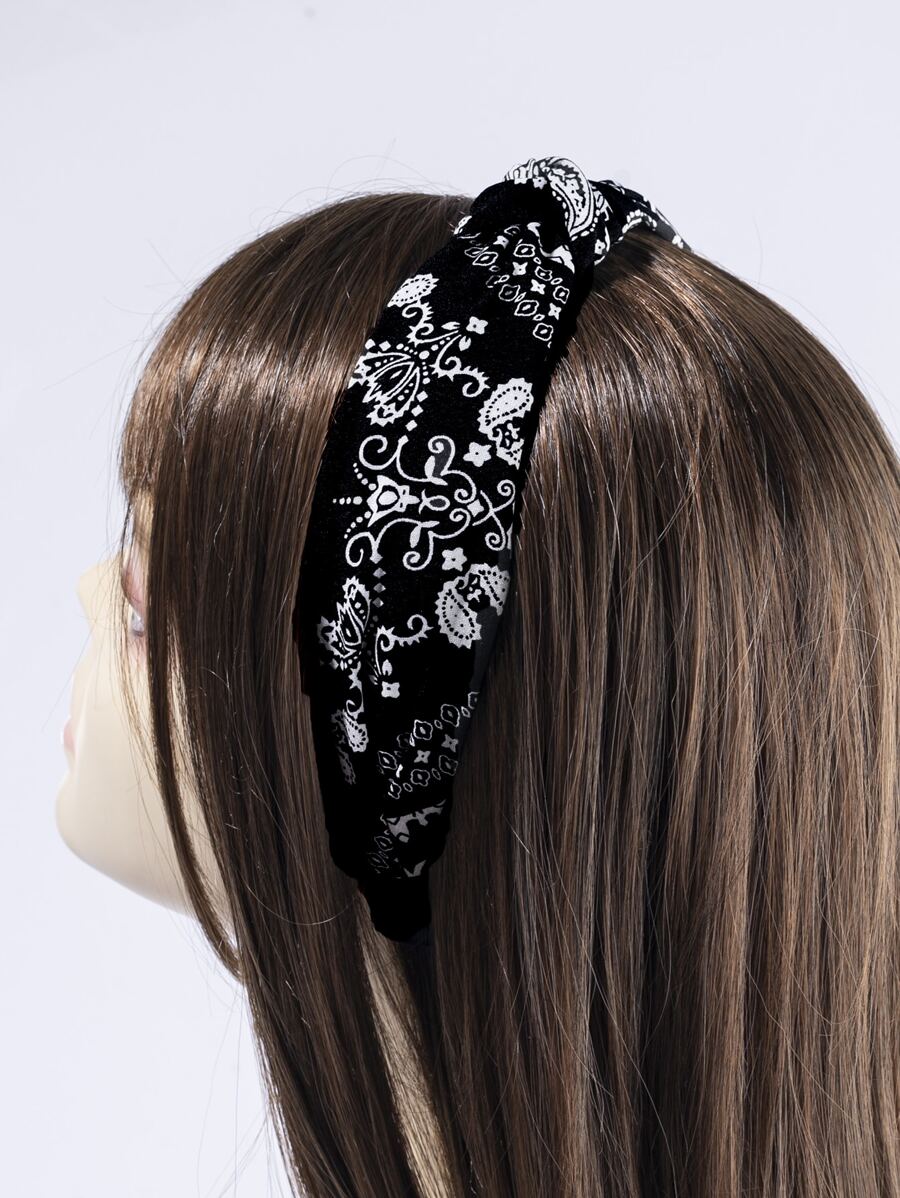 Paisley Print Headband - Black and White - View 1