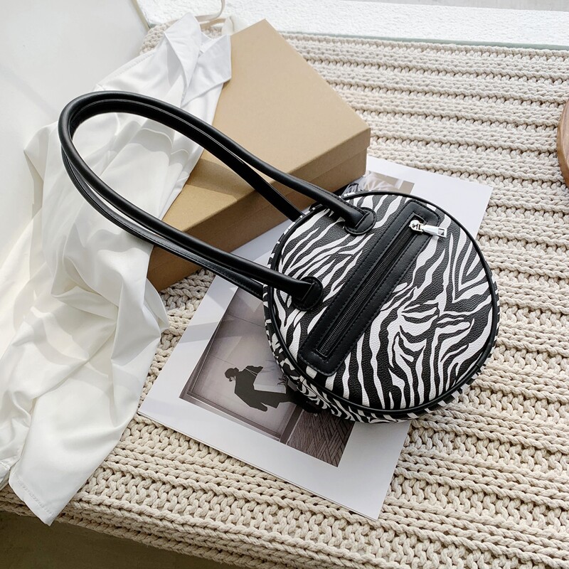 

Zebra Striped Circle Bag, Black