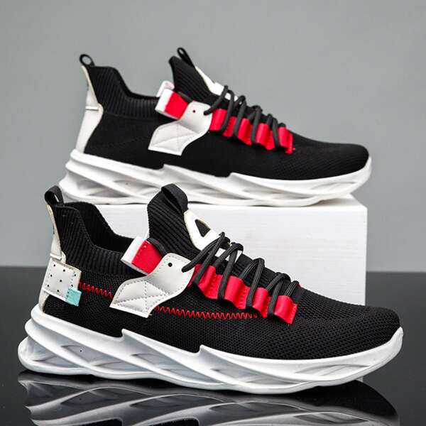 

Men Lace Up Decor Knit Sneakers, Black