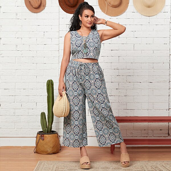 

Plus Scarf Print Tank Top & Wide Leg Pants, Multicolor