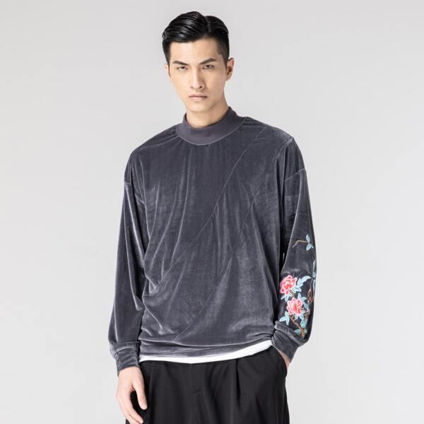 

Men Flower Embroidery Velvet Sweatshirt, Grey