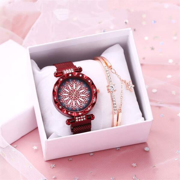 

1pc Rhinestone Decor Round Pointer Quartz Watch & 1pc Bracelet