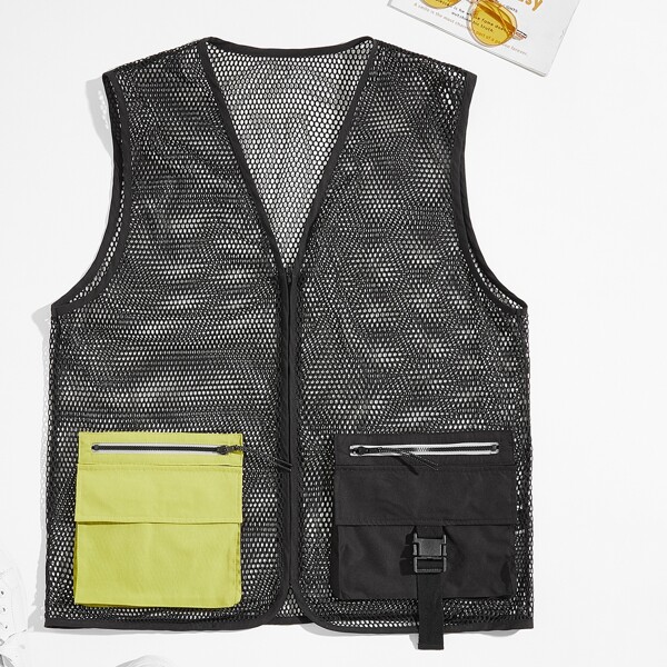 

Men Zip-Front Dual Flap Pocket Fishnet Mesh Vest Jacket, Black