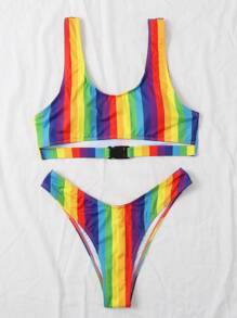 彩虹條紋鑲空比基尼 - 彩色 - 查看 4