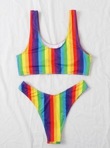 彩虹條紋鑲空比基尼 - 彩色 - 查看 5