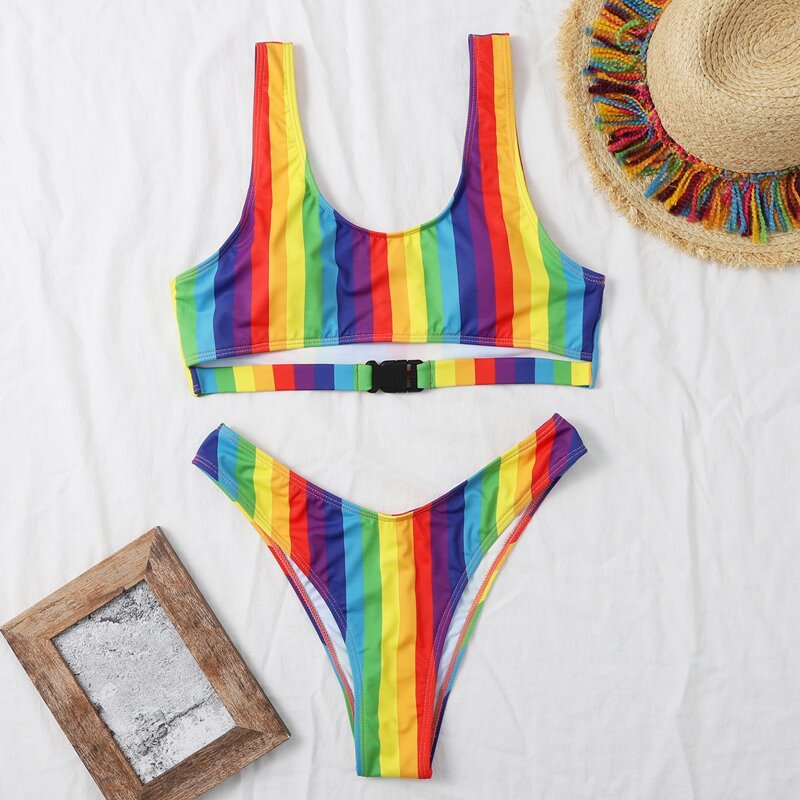 

Rainbow Stripe Cut-out Bikini Swimsuit, Multicolor