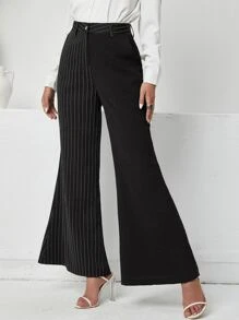 High Waist Striped Print Flare Leg Trousers - Black - View 1