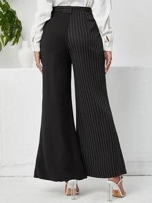 High Waist Striped Print Flare Leg Trousers - Black - View 2