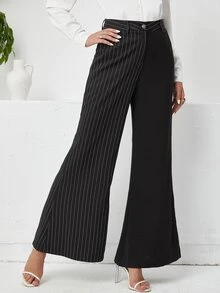 High Waist Striped Print Flare Leg Trousers - Black - View 3