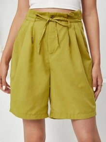 Paperbag Waist Belted Fold Pleat Shorts - Mustard Yellow - View 1