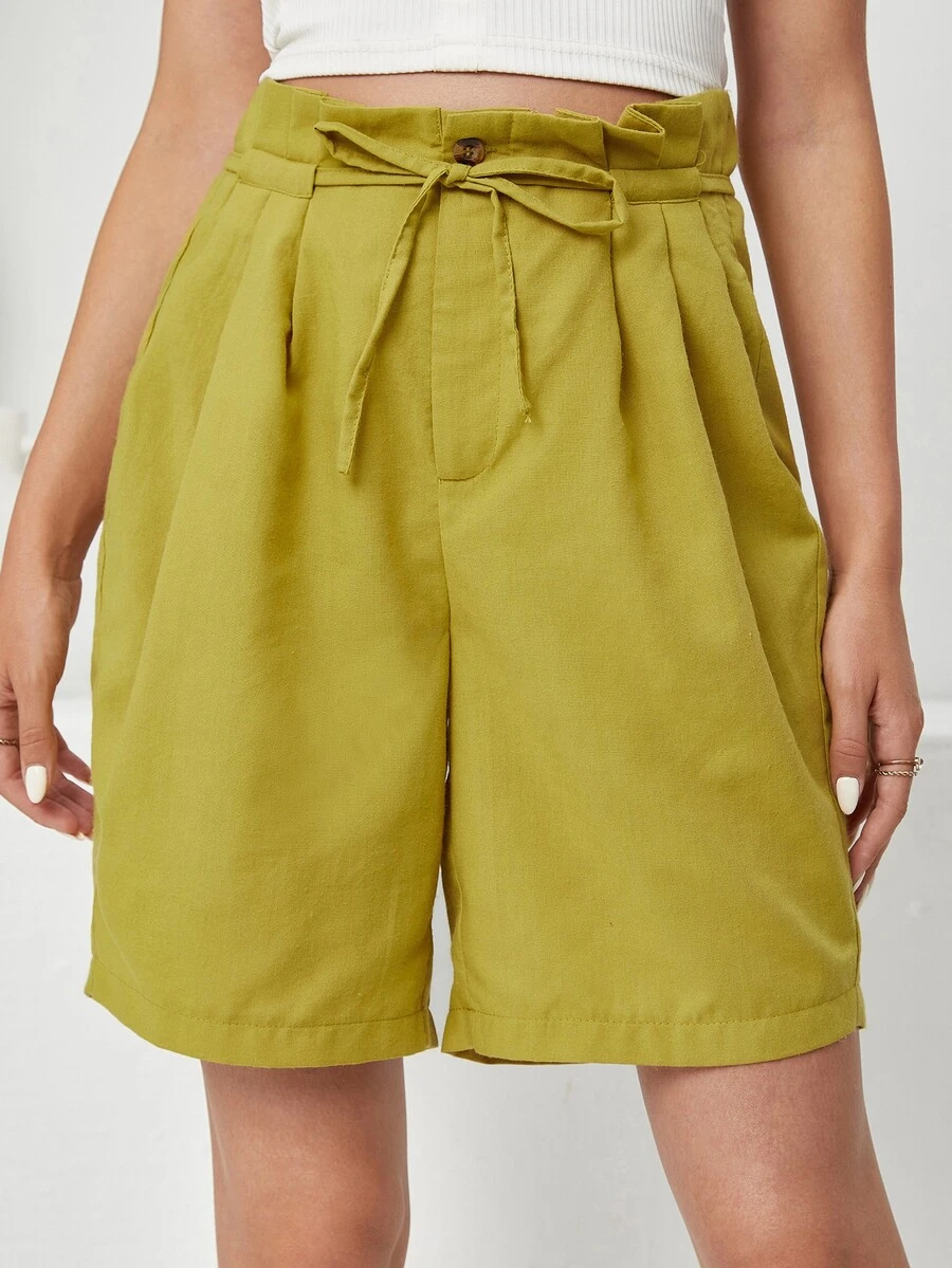 Paperbag Waist Belted Fold Pleat Shorts - Mustard Yellow - View 1