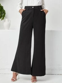 High Waist Striped Print Flare Leg Trousers - Black - View 4