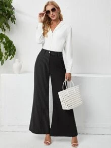 High Waist Striped Print Flare Leg Trousers - Black - View 5