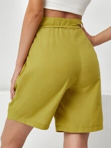 Paperbag Waist Belted Fold Pleat Shorts - Mustard Yellow - View 2