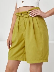 Paperbag Waist Belted Fold Pleat Shorts - Mustard Yellow - View 3
